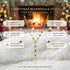 Gold rosary necklace with multicolored beads and Turkish evil eye charms; festive backdrop with Christmas decor, fireplace, and gifts.